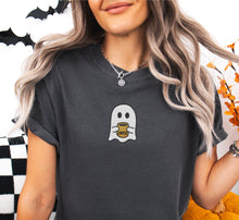 Ghost holding a cup of coffee embroidered tshirt