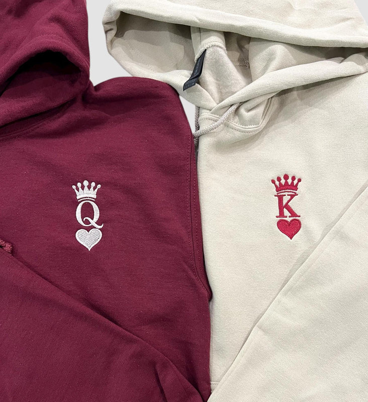 Custom Embroidered King and Queen of Hearts Couples Hoodie