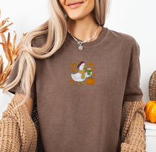 fall goose holding pumpkin spice embroidered comfort colors tshirt