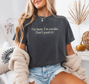 I'm Here. I'm Awake. Don't Push It. Embroidered T-shirt