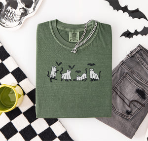 Ghost Cats and Bats Embroidered T-shirt