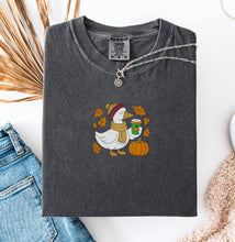 fall goose holding pumpkin spice embroidered comfort colors shirt